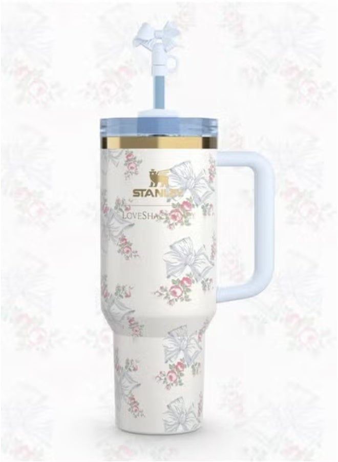 Stanley Love Shack Fancy H2.0 Flow State 40oz Rosa Beaux Blue Tumbler, Stainless Steel Vacuum Insulated Quencher with Lid ,Straw and Stopper in Elegant Gift-Ready Packaging, Keeps Drinks Cold for Hours - Image 2